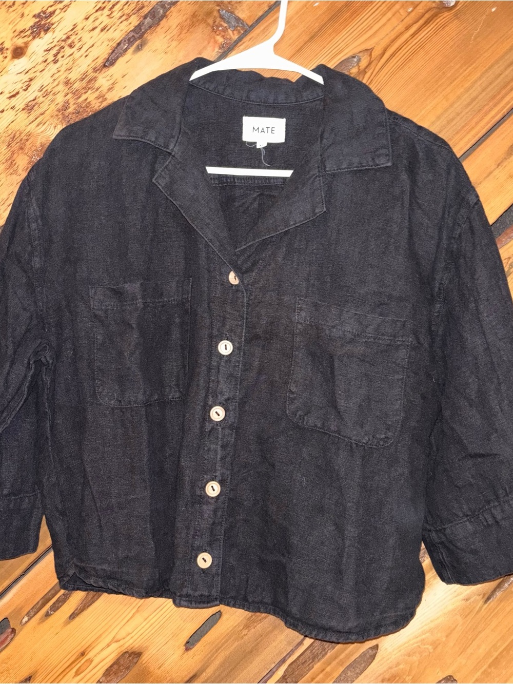 MATE the Label Black Short-Sleeve Button-Down Shirt with Patch Pockets